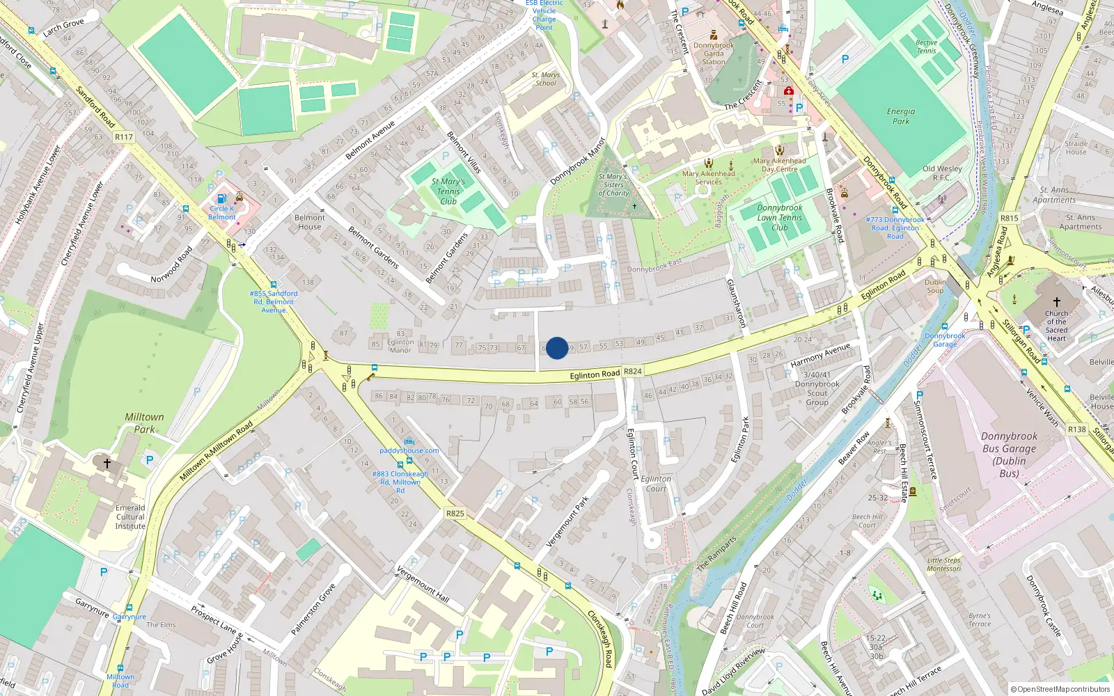 Overhead map showing the location of 61 Eglinton Road, Donnybrook