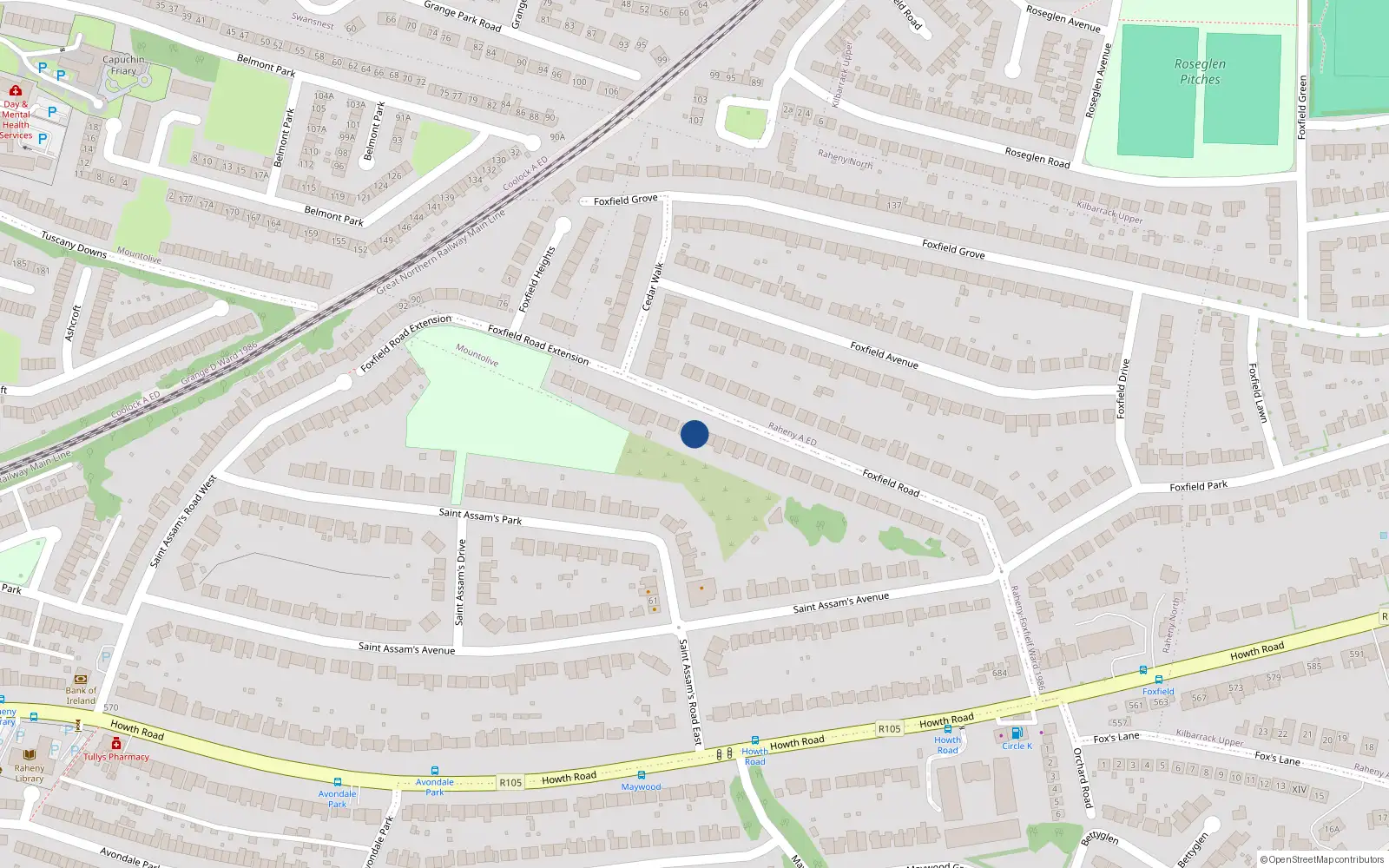 Overhead map showing the location of 61 Foxfield Road, Raheny, Dublin 5