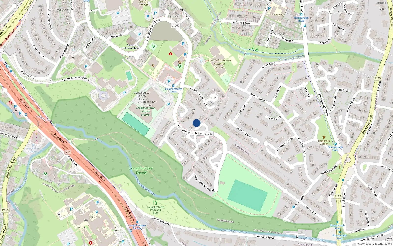Overhead map showing the location of 61 Loughlinstown Park, Dun Laoghaire, Dublin