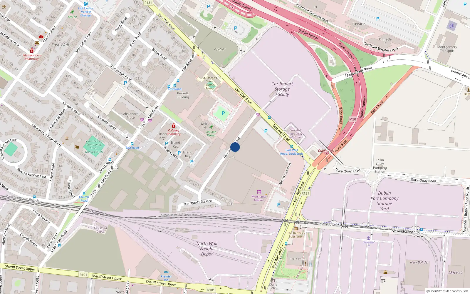 Overhead map showing the location of 61 Merchants Road, Eastwall, Dublin 3