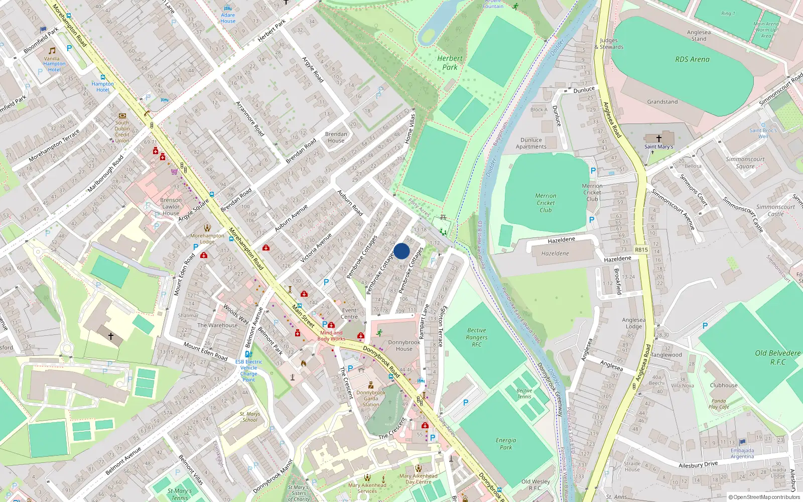 Overhead map showing the location of 61 Pembroke Cottages, Dublin