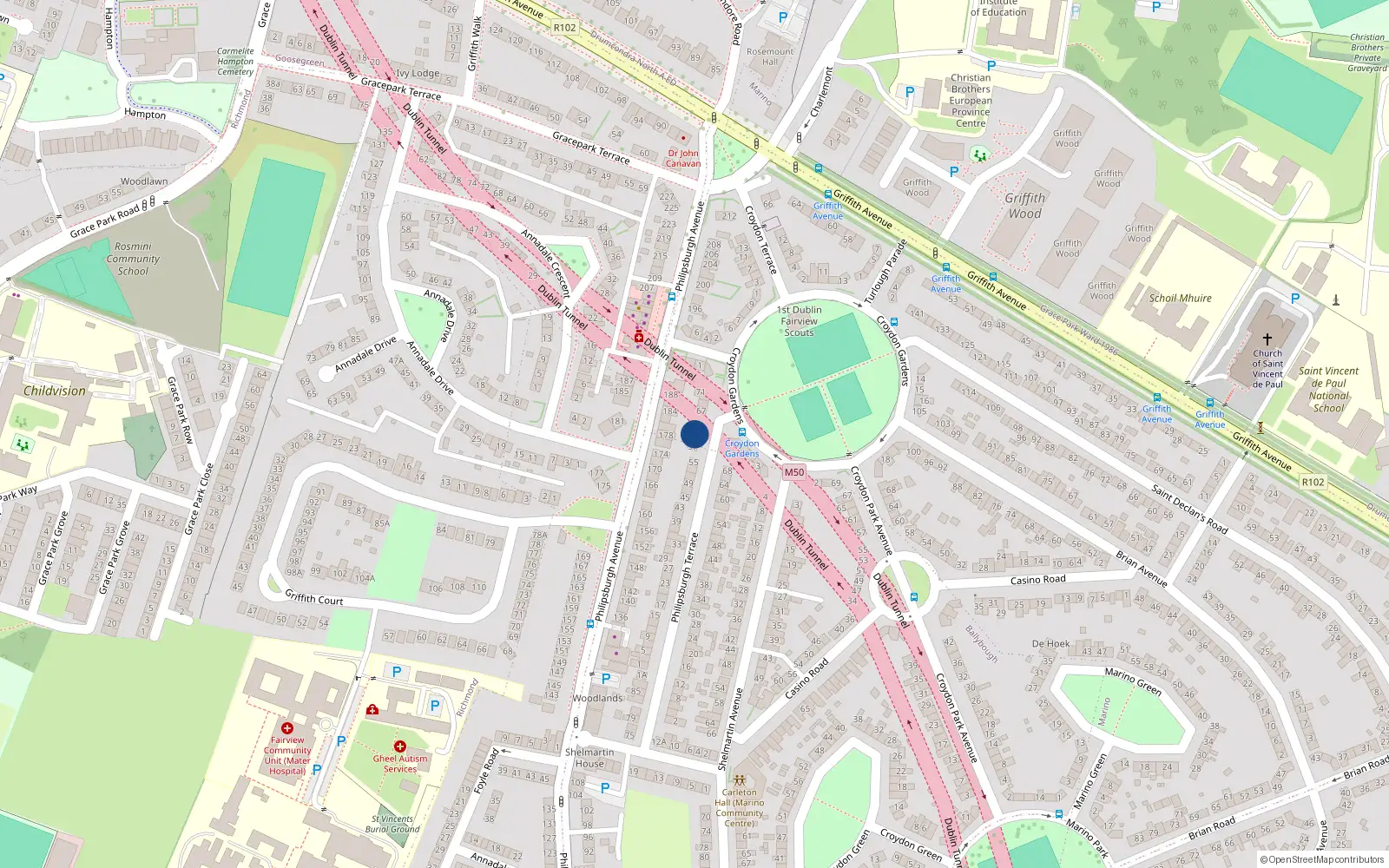 Overhead map showing the location of 61 Philipsburgh Terrace, Marino, Dublin 3