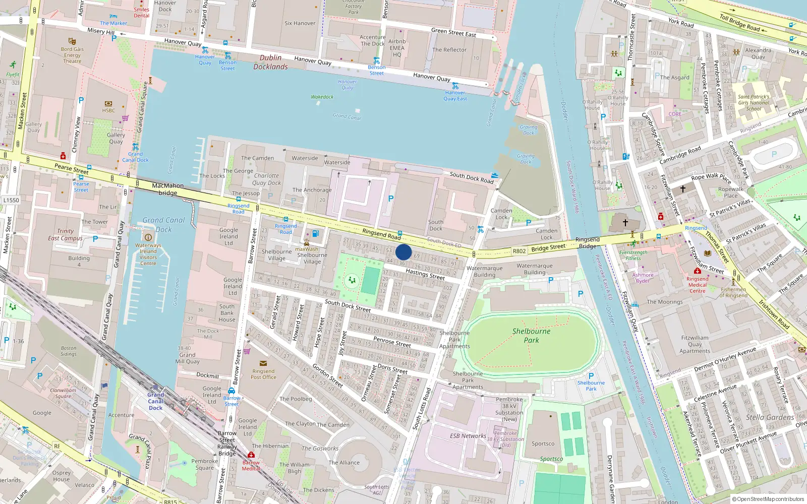 Overhead map showing the location of 61 Ringsend Road, Dublin 4