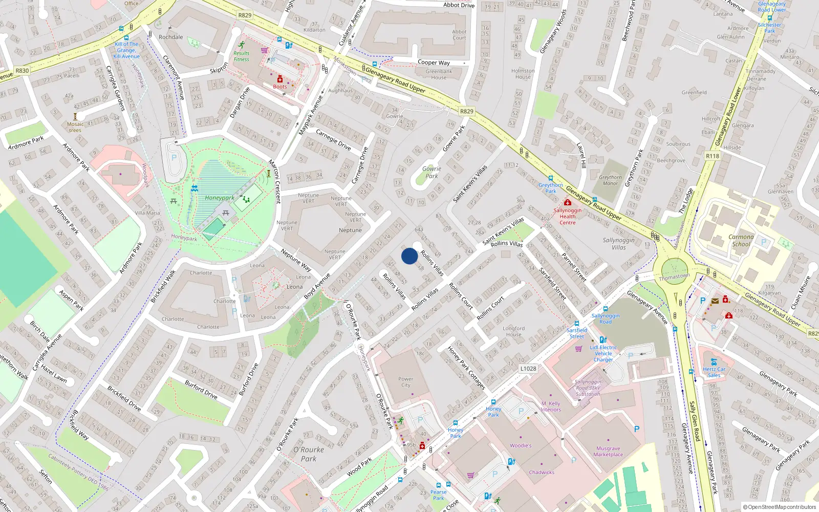 Overhead map showing the location of 61 Rollins Villas, Dun Laoghaire, Dublin