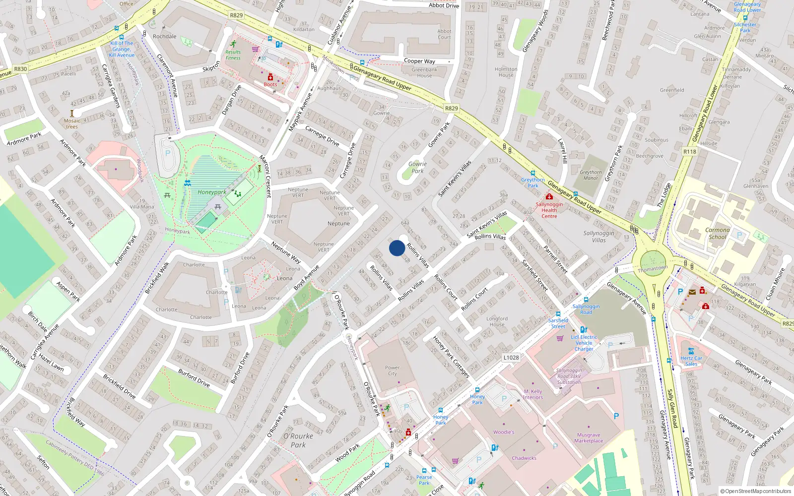 Overhead map showing the location of 61 Rollins Villas, Sallynoggin