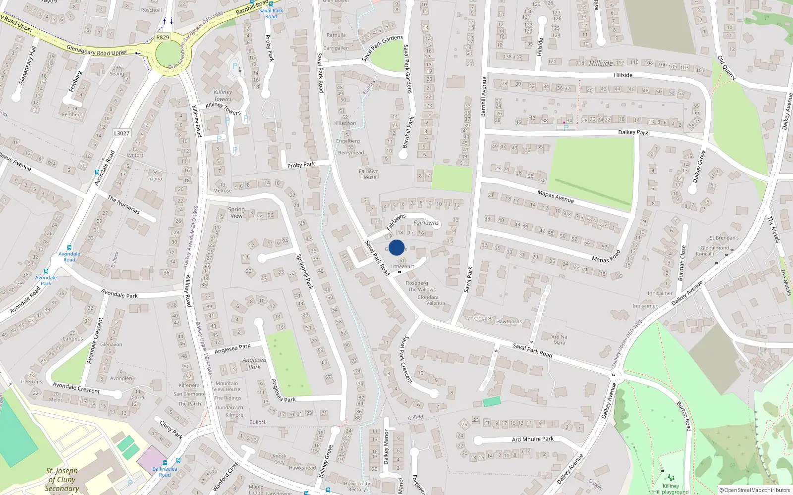 Overhead map showing the location of 61 Saval Park Road, Dalkey
