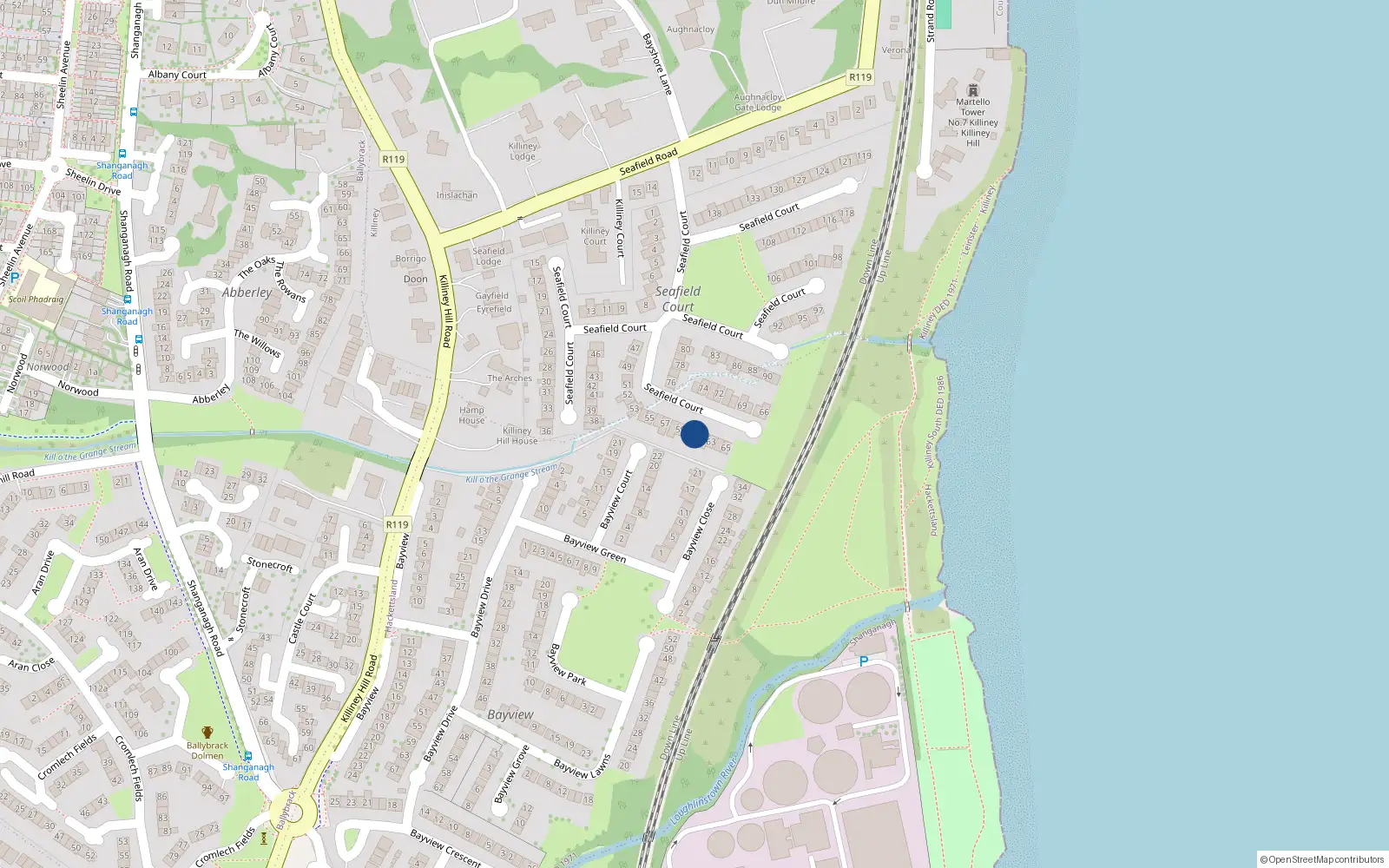 Overhead map showing the location of 61 Seafield Court, Killiney
