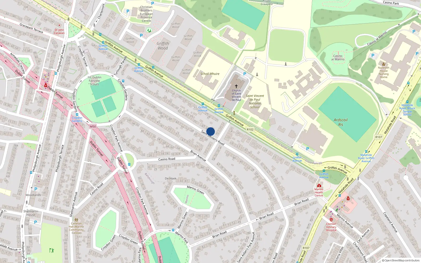 Overhead map showing the location of 61 St Declans Road, Marino, Dublin 3