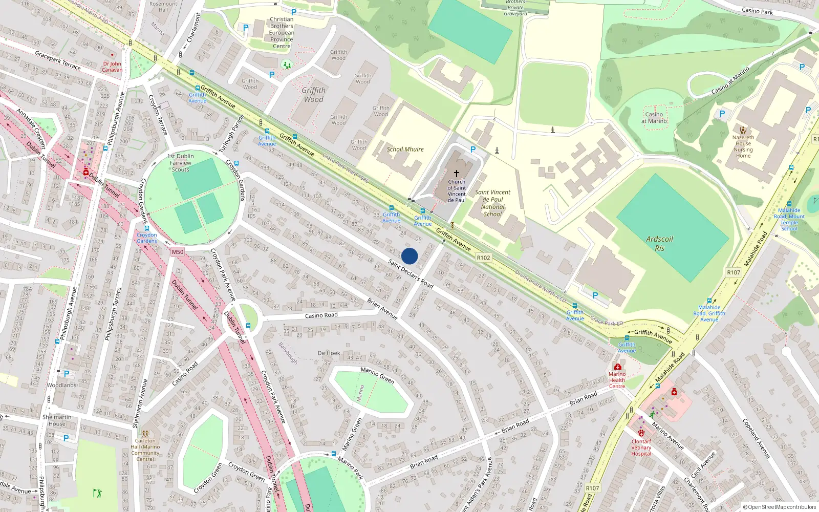 Overhead map showing the location of 61 St. Declans Road, Marino