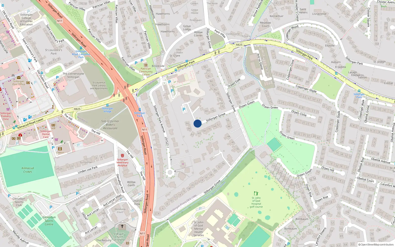 Overhead map showing the location of 61 Stillorgan Grove, Dublin