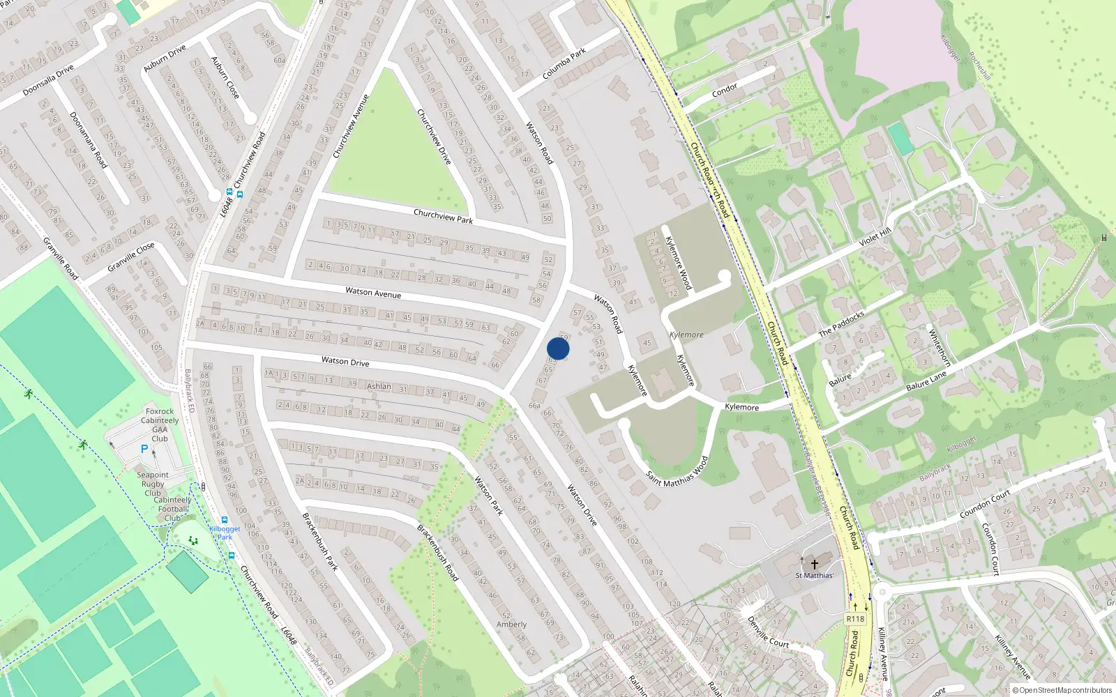 Overhead map showing the location of 61 Watson Road, Killiney