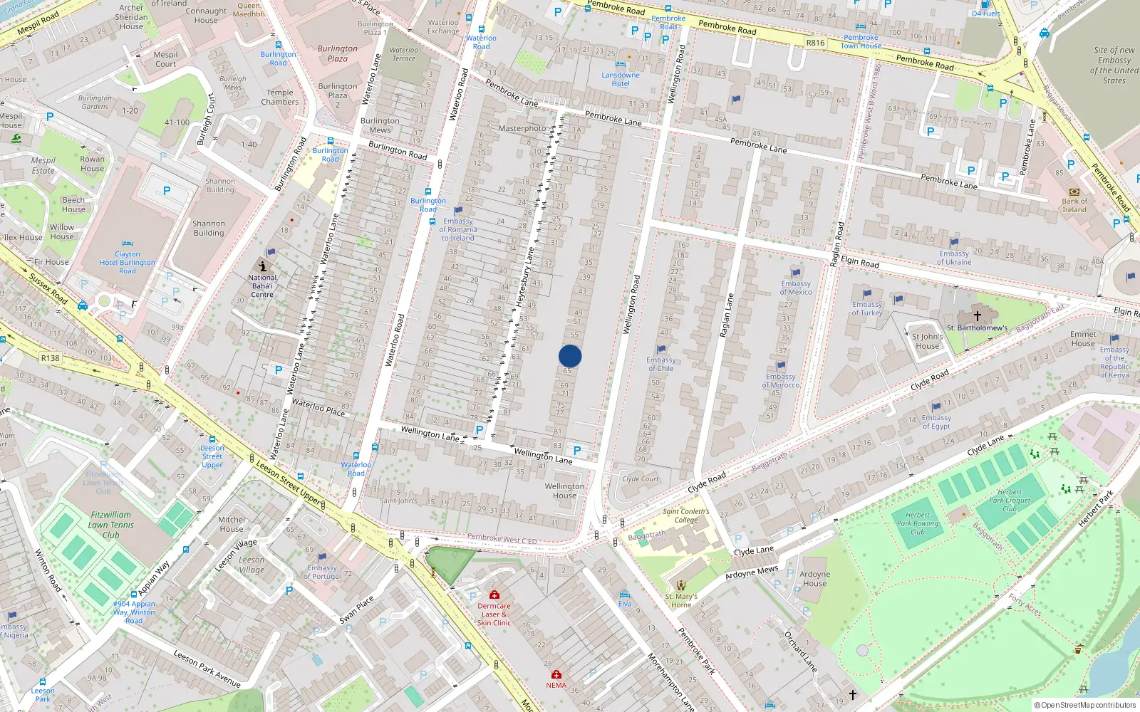 Overhead map showing the location of 61 Wellington Road, Dublin 4