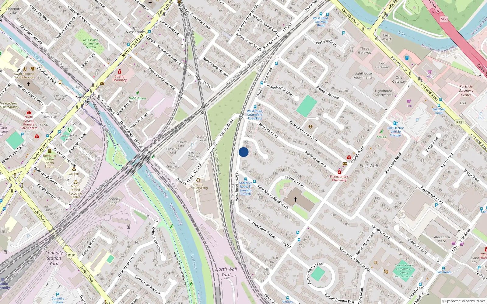 Overhead map showing the location of 61 West Road, East Wall, Dublin 3