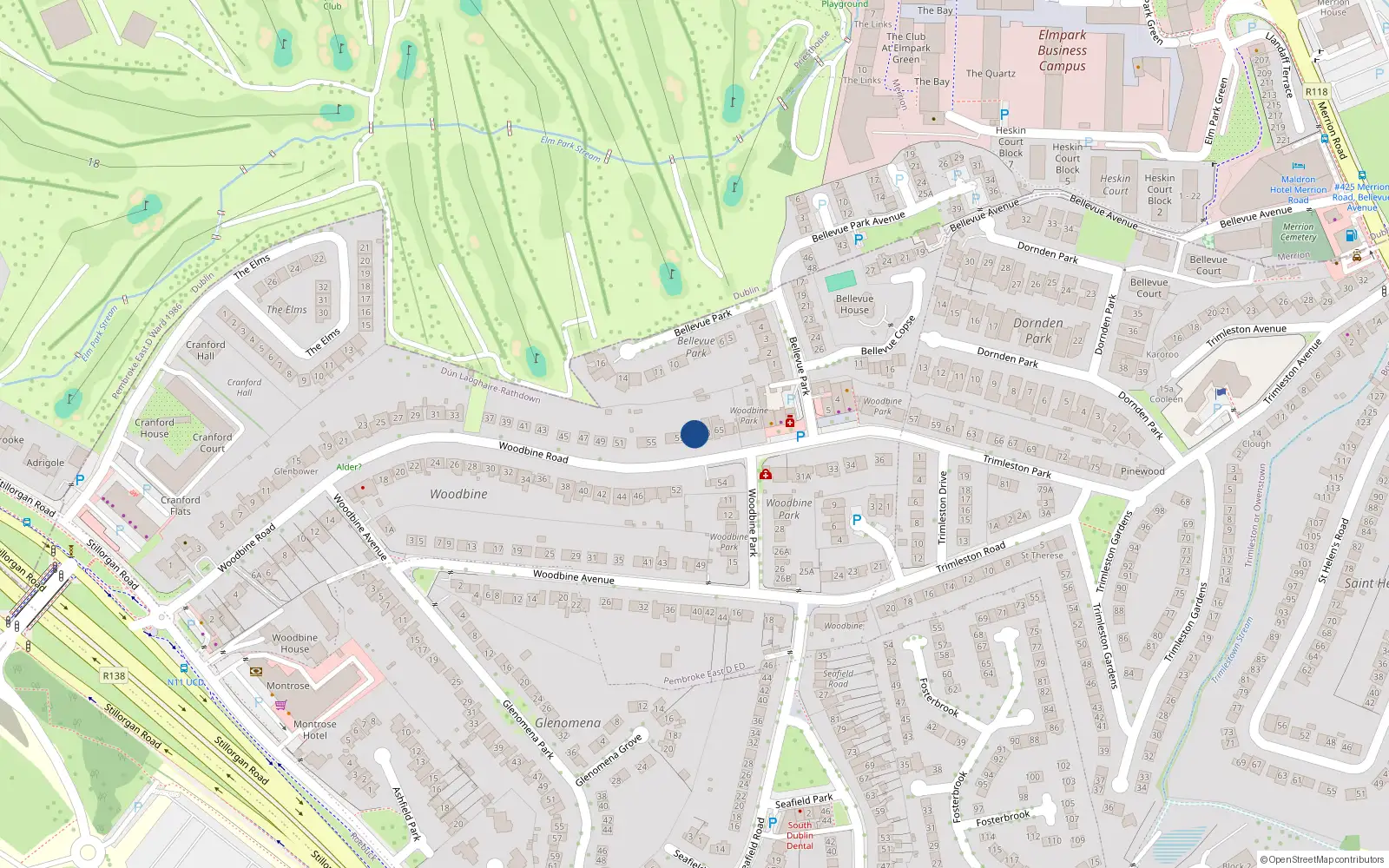 Overhead map showing the location of 61 Woodbine Road, Blackrock
