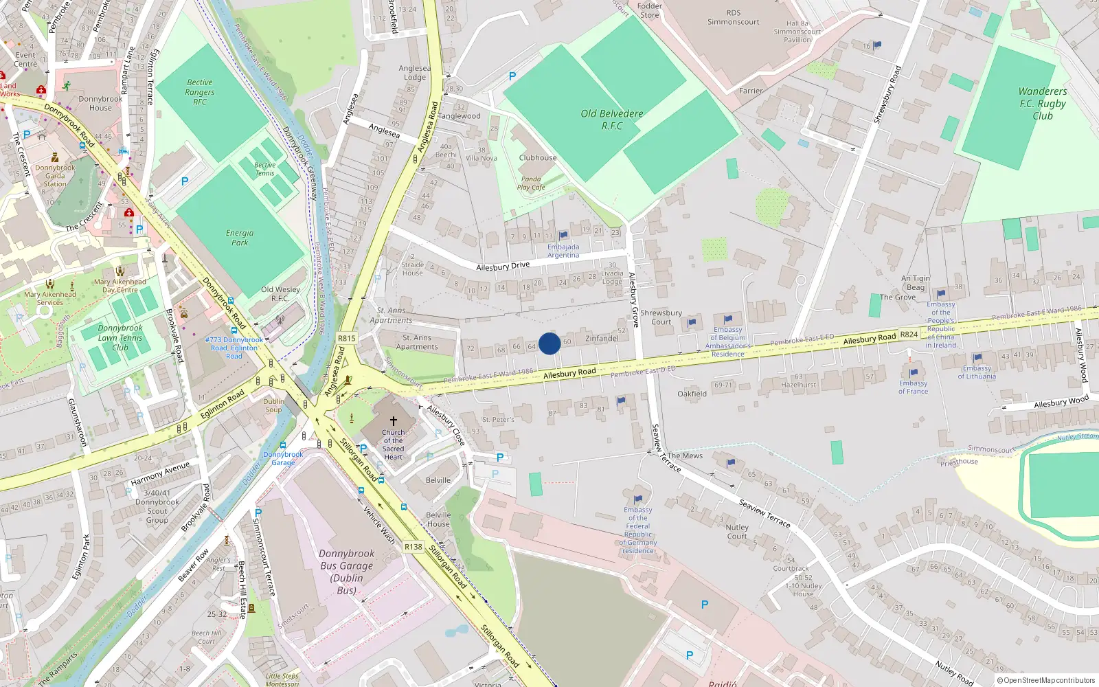 Overhead map showing the location of 62 Ailesbury Road, Simmonscourt