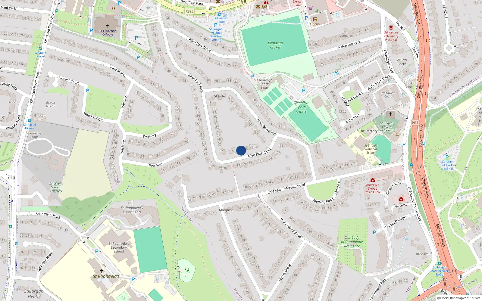 Overhead map showing the location of 62 Allen Park Road, Stillorgan, Co Dublin