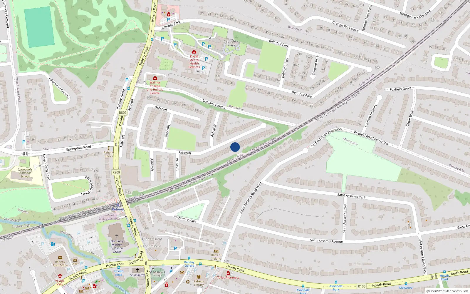Overhead map showing the location of 62 Ashcroft, Raheny, Dublin 5