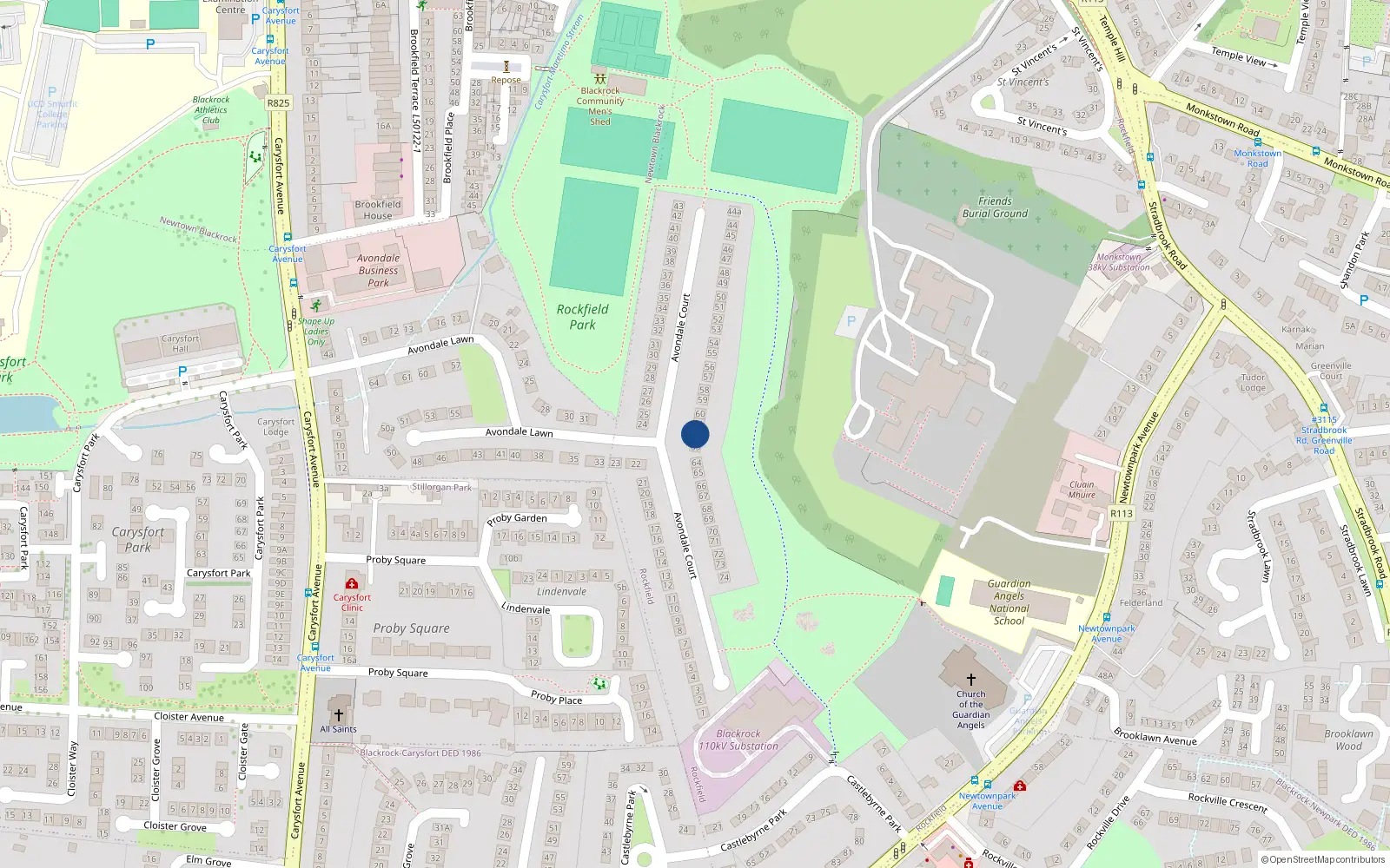 Overhead map showing the location of 62 Avondale Court, Blackrock