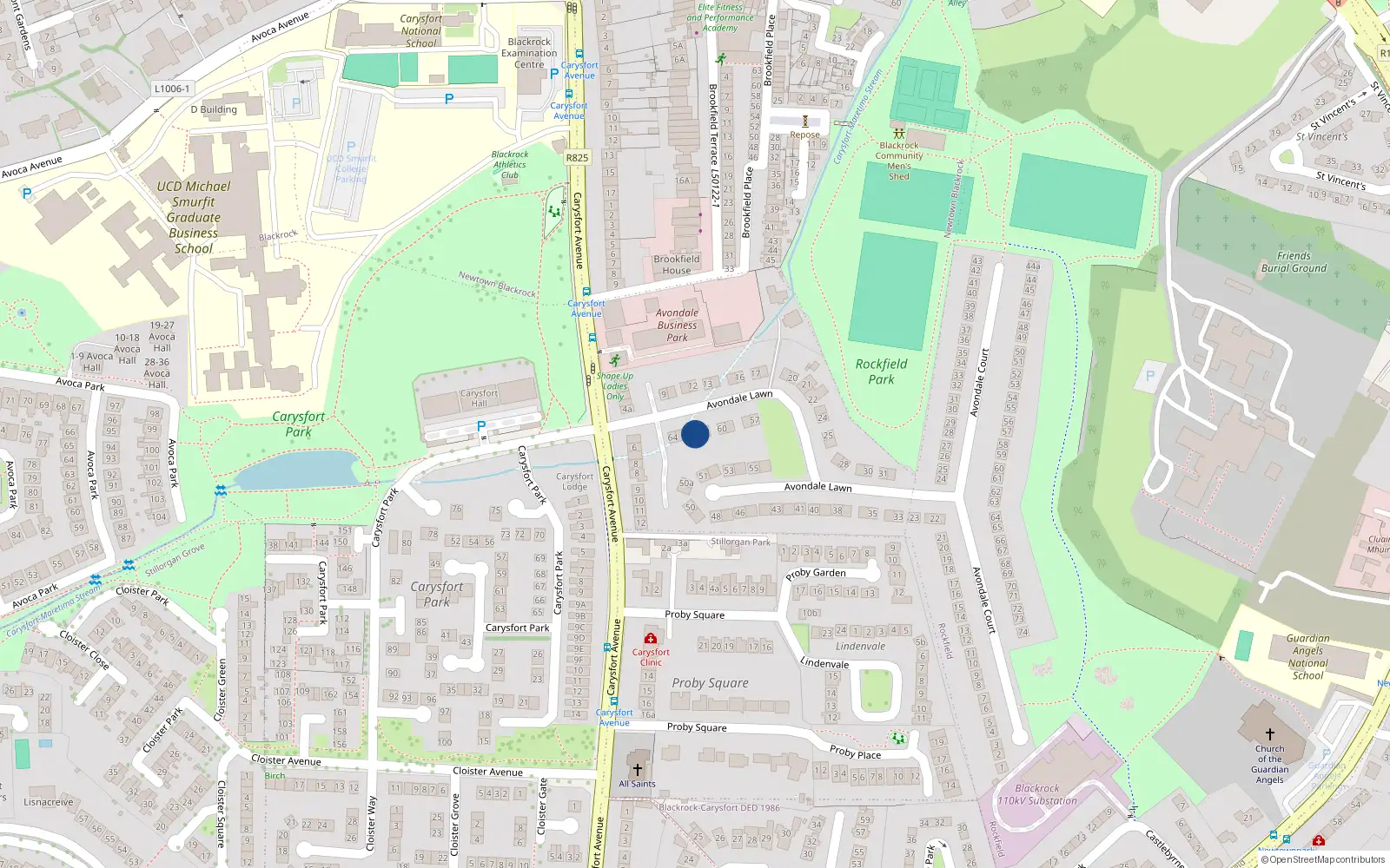 Overhead map showing the location of 62 Avondale Lawn, Blackrock, Dublin