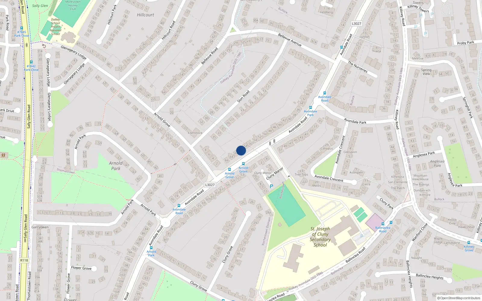 Overhead map showing the location of 62 Avondale Road, Killiney, Dublin