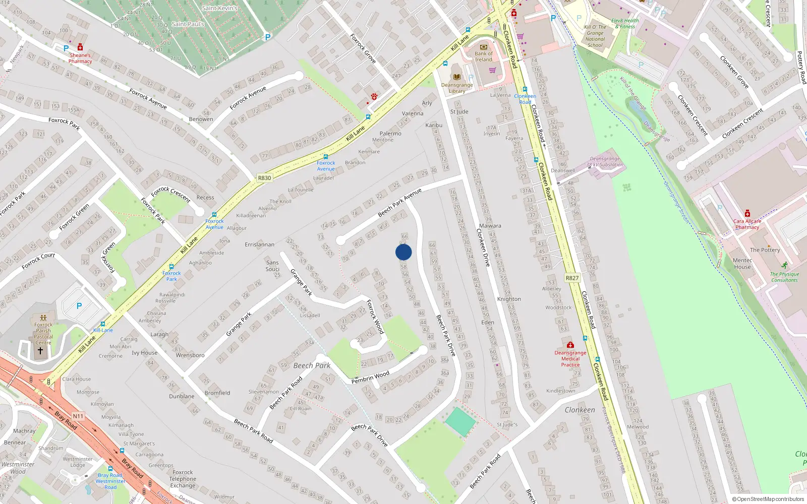Overhead map showing the location of 62 Beech Park Drive, Dublin 18