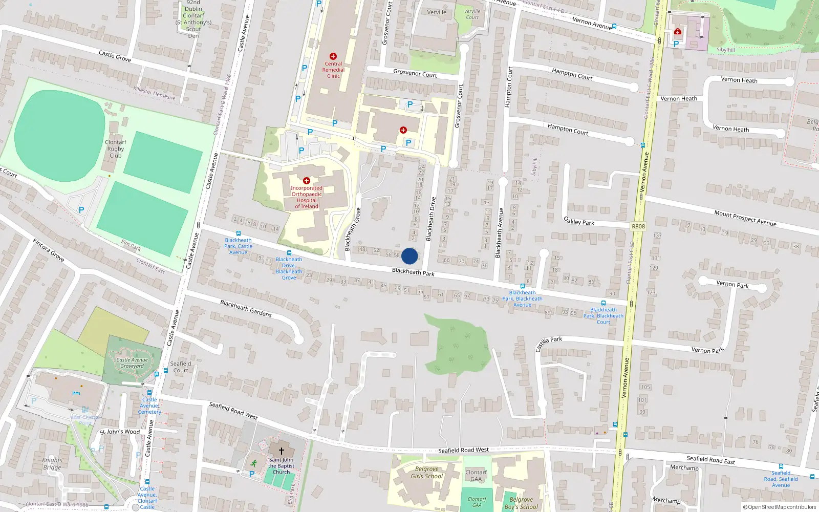 Overhead map showing the location of 62 Blackheath Park, Clontarf, Dublin 3