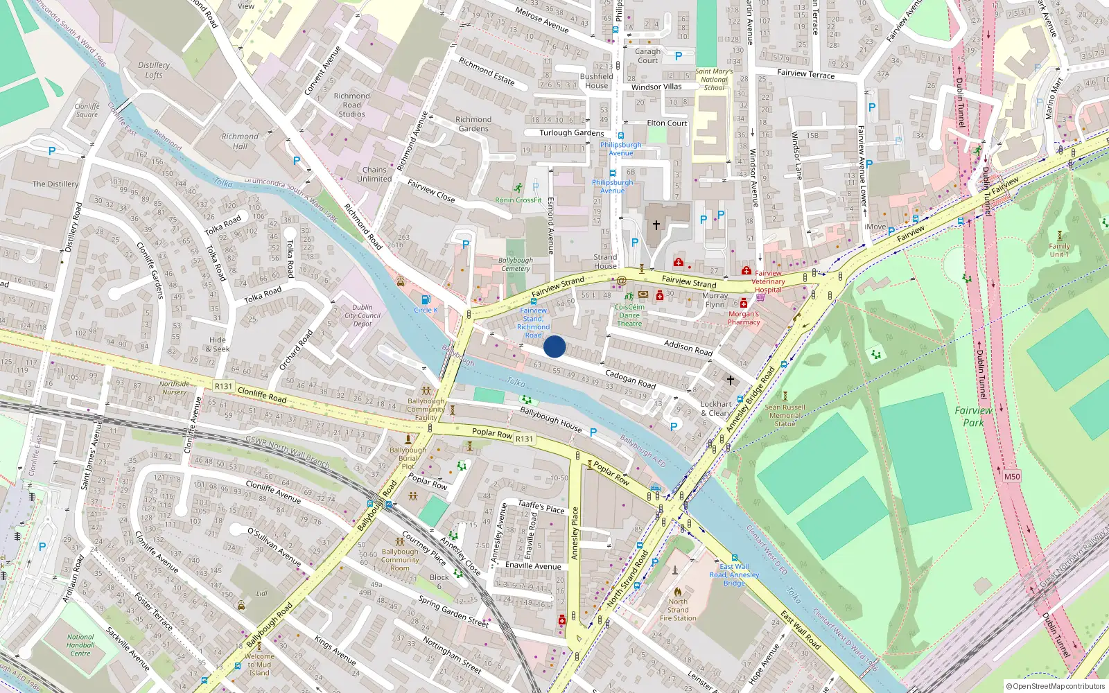Overhead map showing the location of 62 Cadogan Road, Fairview, Dublin