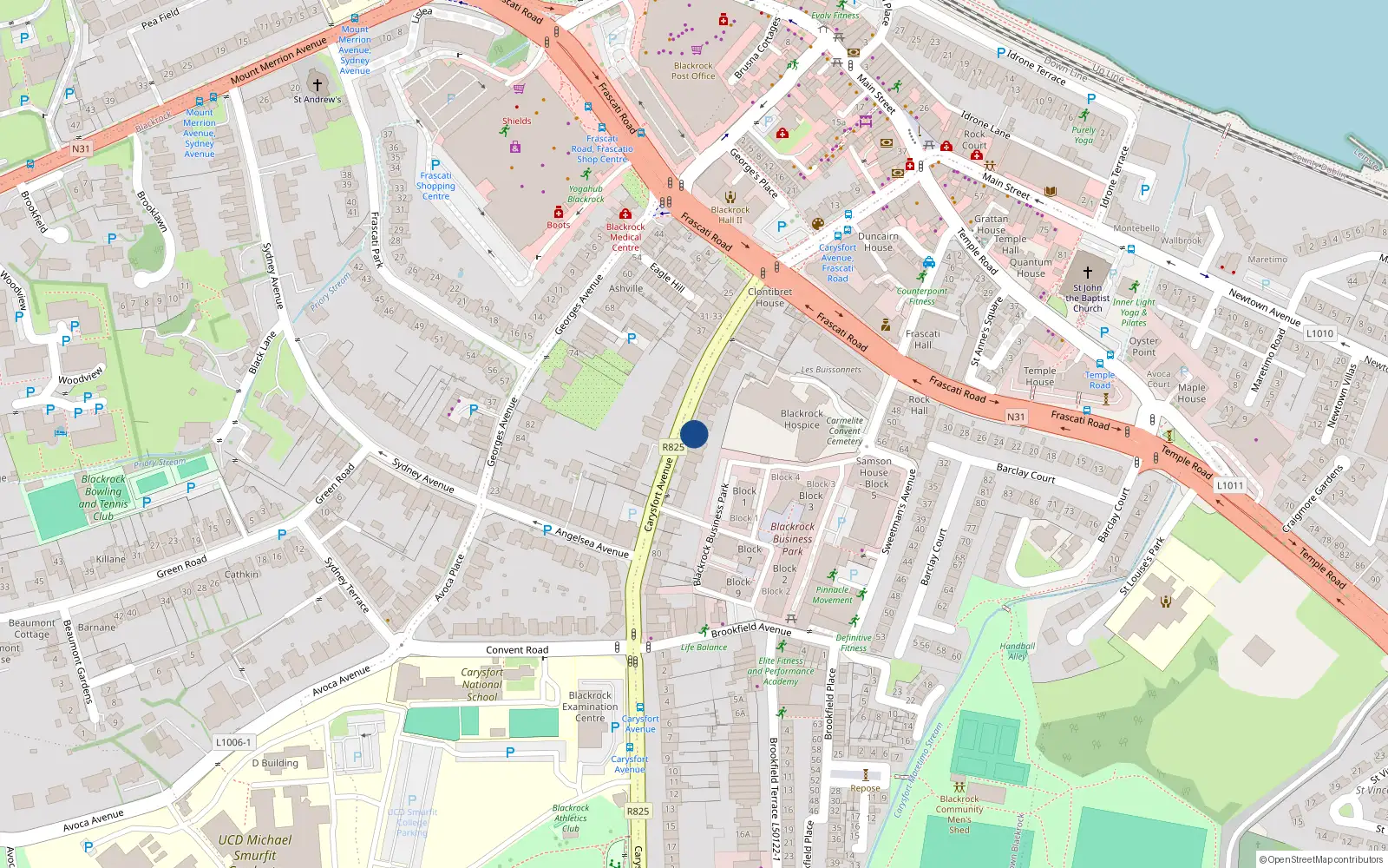 Overhead map showing the location of 62 Carysfort Avenue, Blackrock