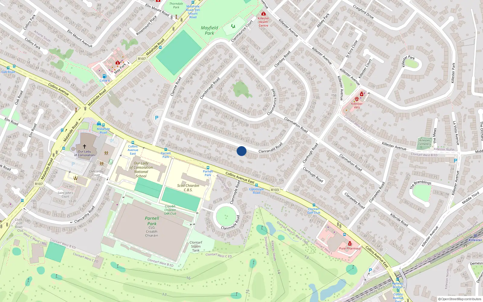 Overhead map showing the location of 62 Clanranald Road, Dublin 5