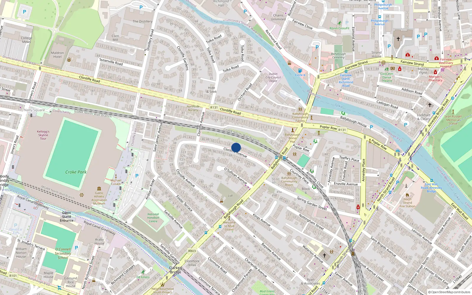 Overhead map showing the location of 62 Clonliffe Avenue, Dublin 3