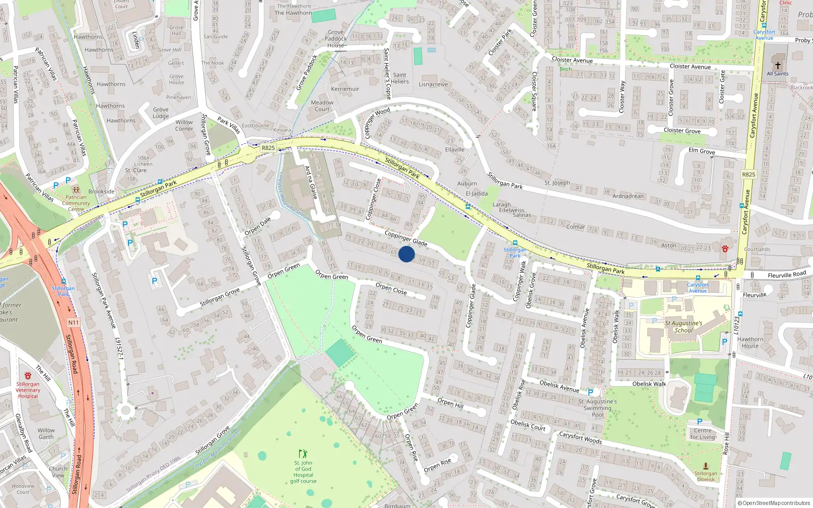 Overhead map showing the location of 62 Coppinger Glade, Dublin
