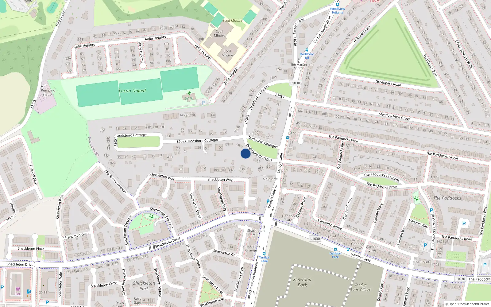 Overhead map showing the location of 62 Dodsborough Cottages, Lucan, Dublin