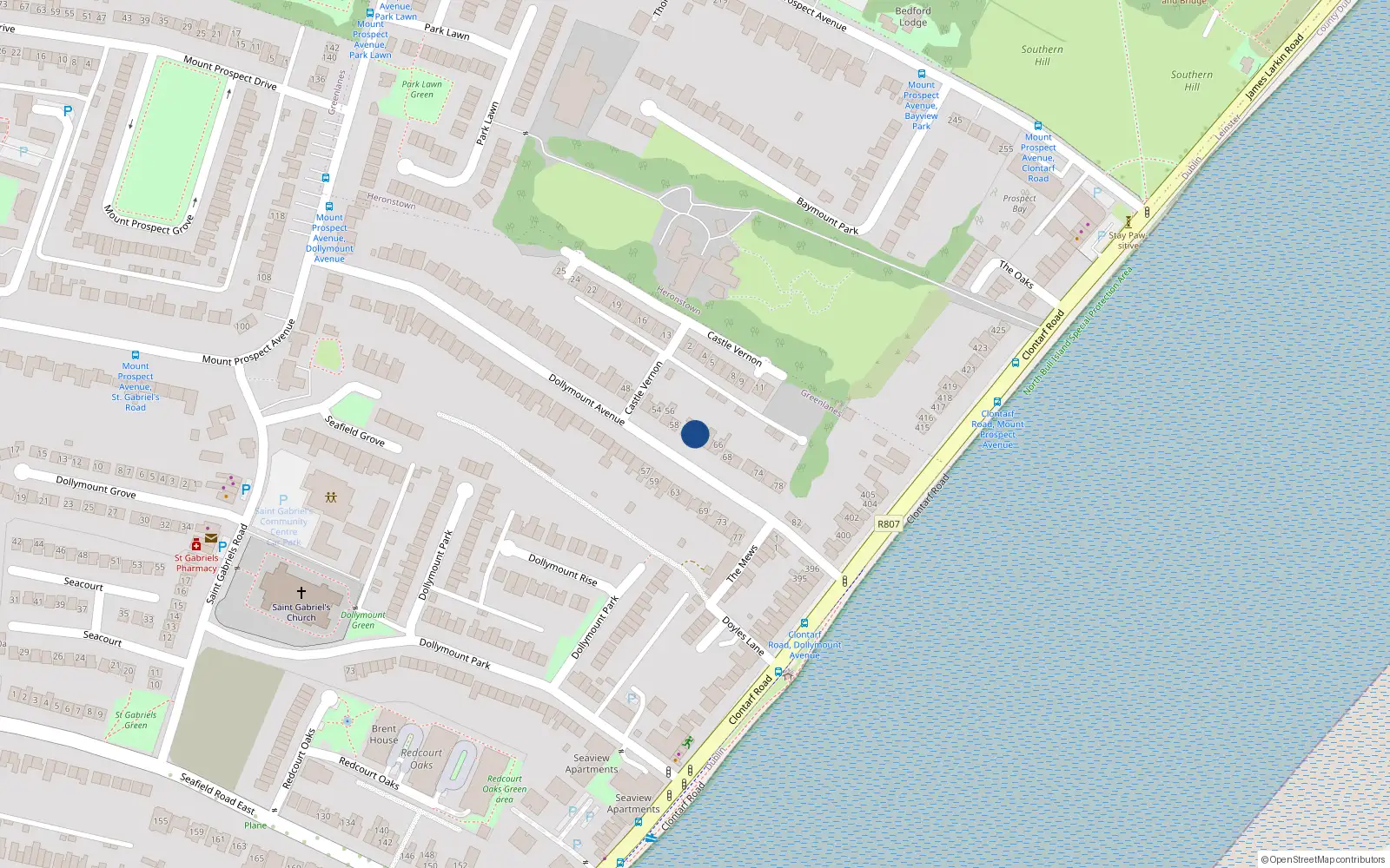 Overhead map showing the location of 62 Dollymount Avenue, Dublin 3
