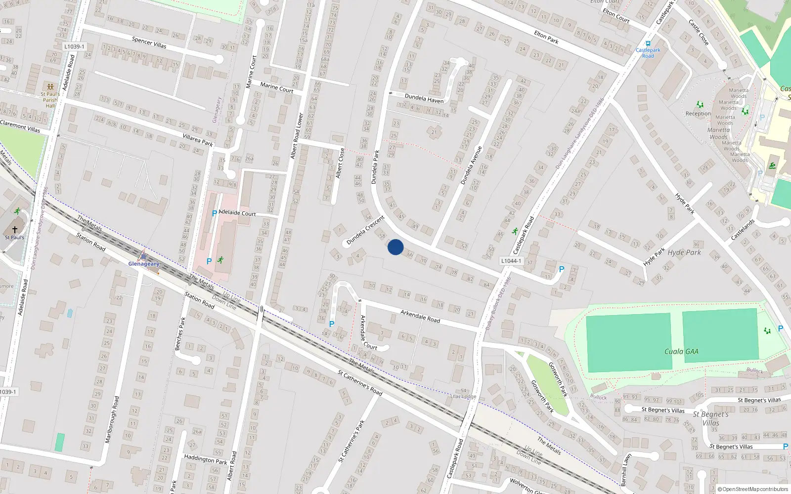 Overhead map showing the location of 62 Dundela Park, Dublin