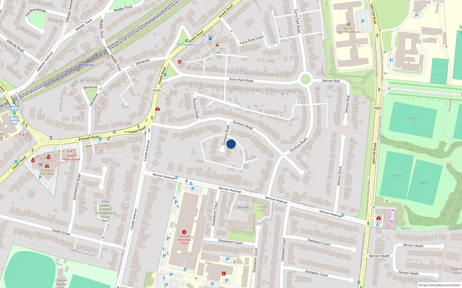 Overhead map showing the location of 62 Dunluce Road, Dublin 3
