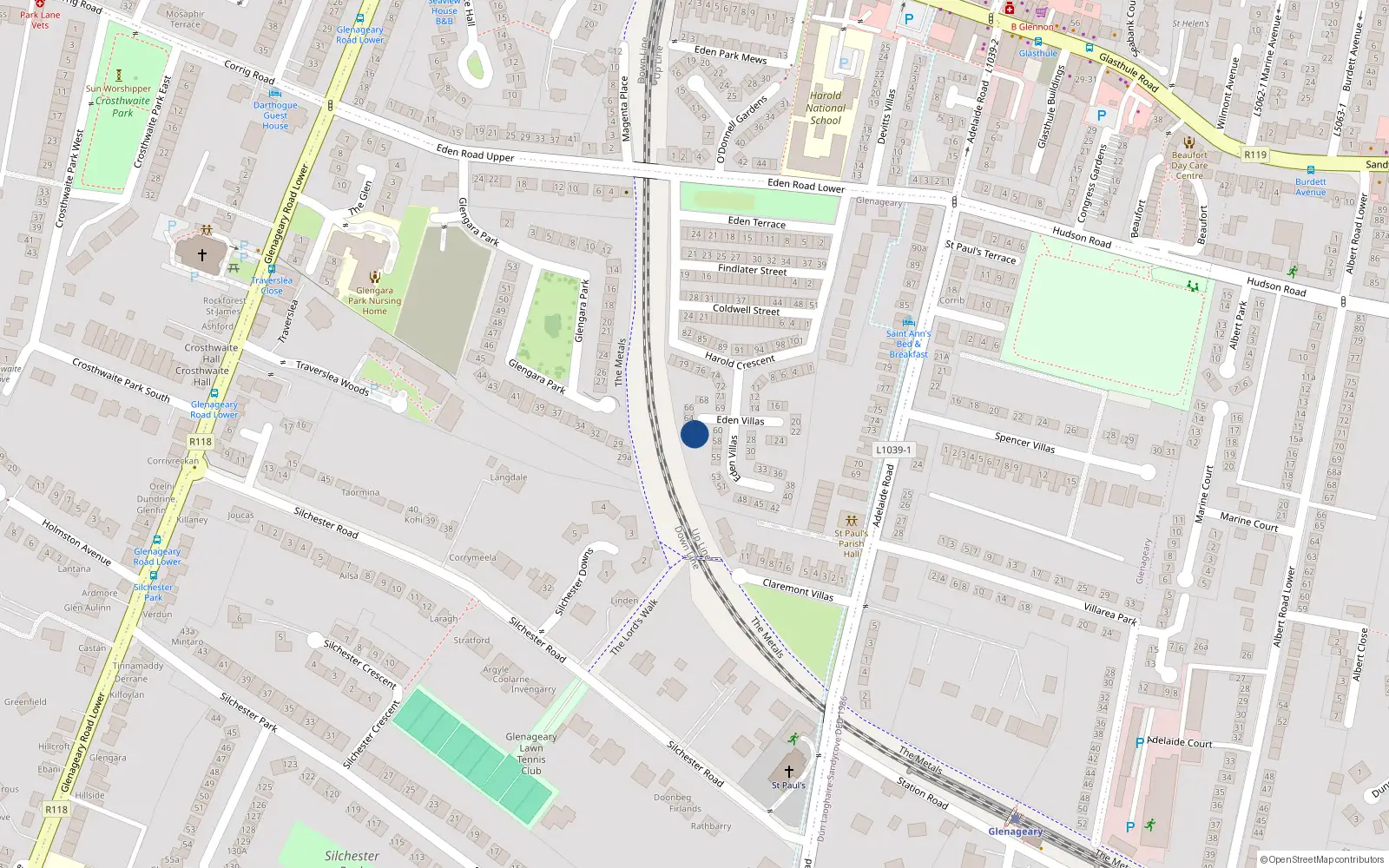Overhead map showing the location of 62 Eden Villas, Dun Laoghaire