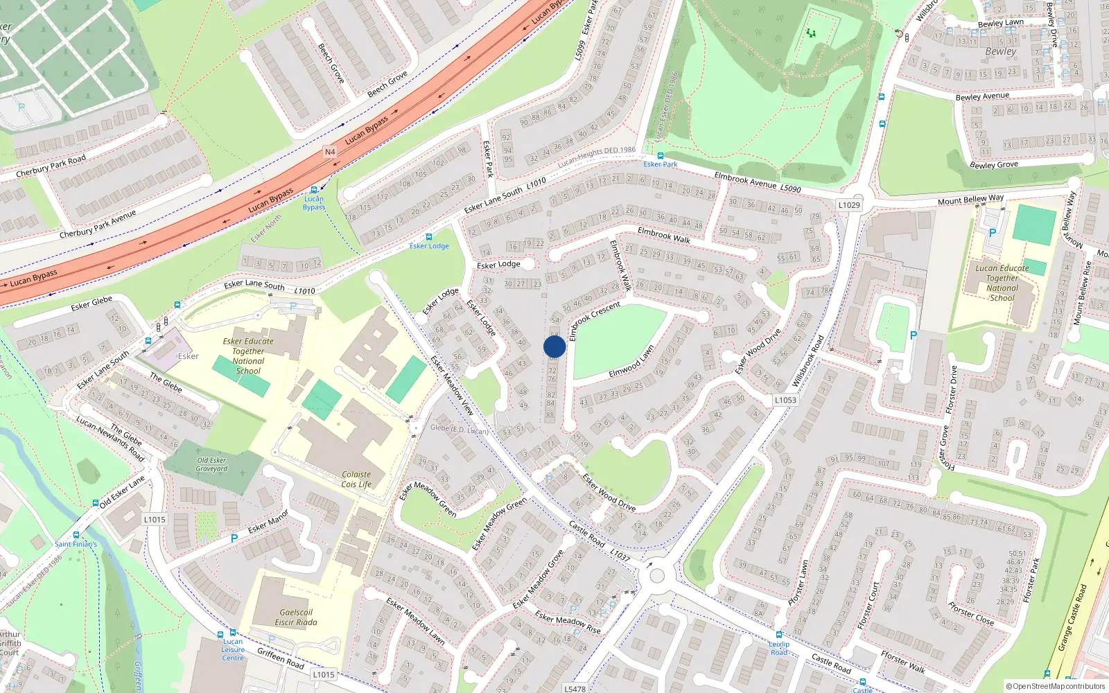 Overhead map showing the location of 62 Elmbrook Crescent, Lucan, Dublin