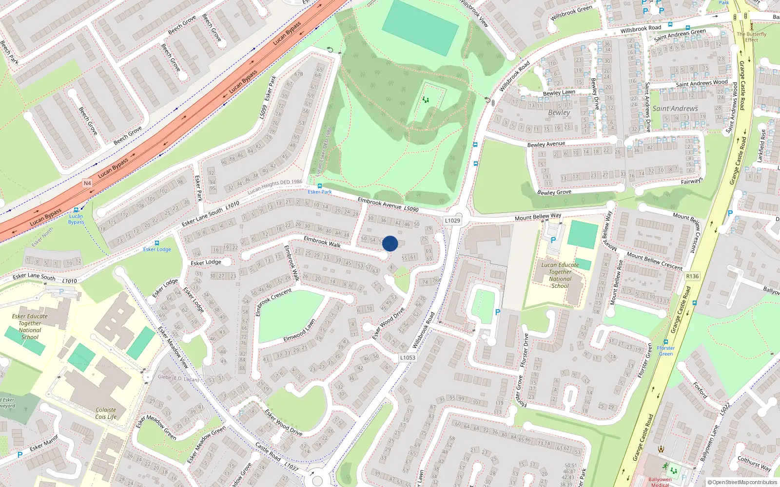 Overhead map showing the location of 62 Elmbrook Walk, Lucan
