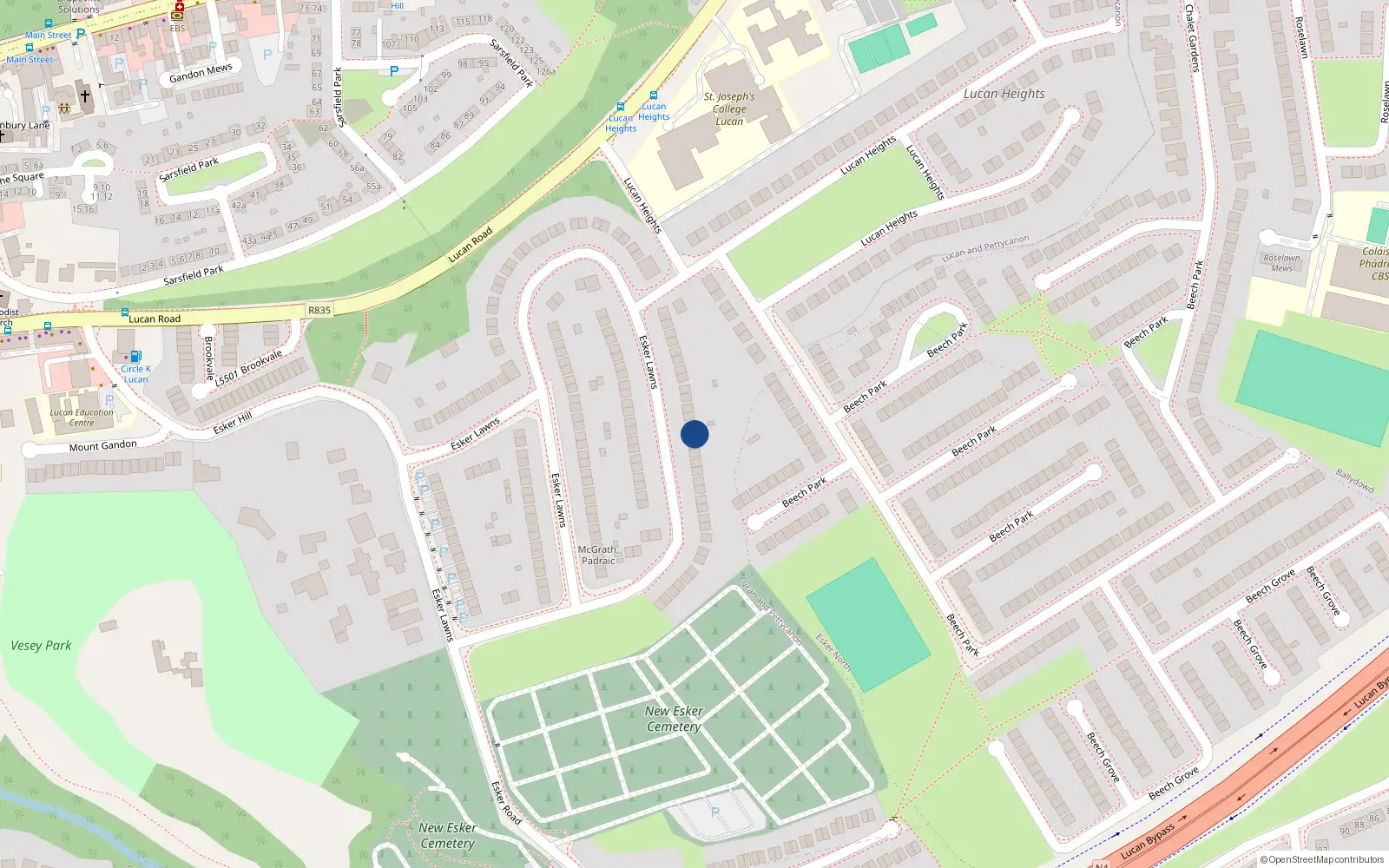 Overhead map showing the location of 62 Esker Lawns, Lucan