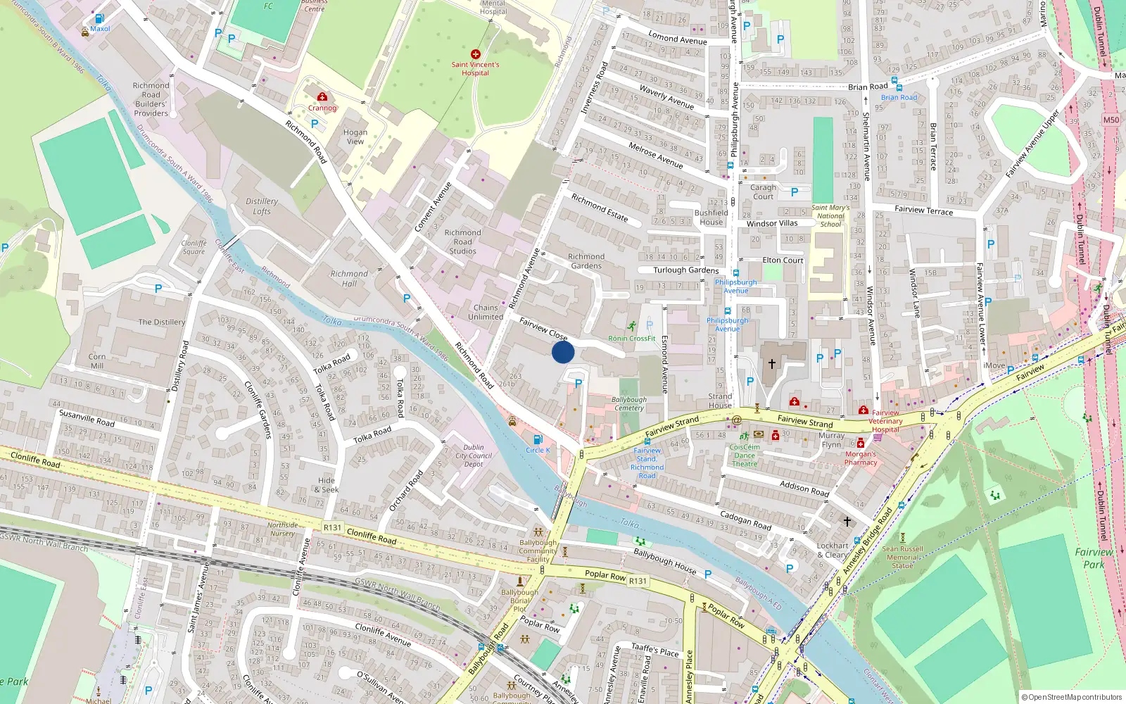 Overhead map showing the location of 62 Fairview Close, Richmond Avenue, Fairview Dublin 3