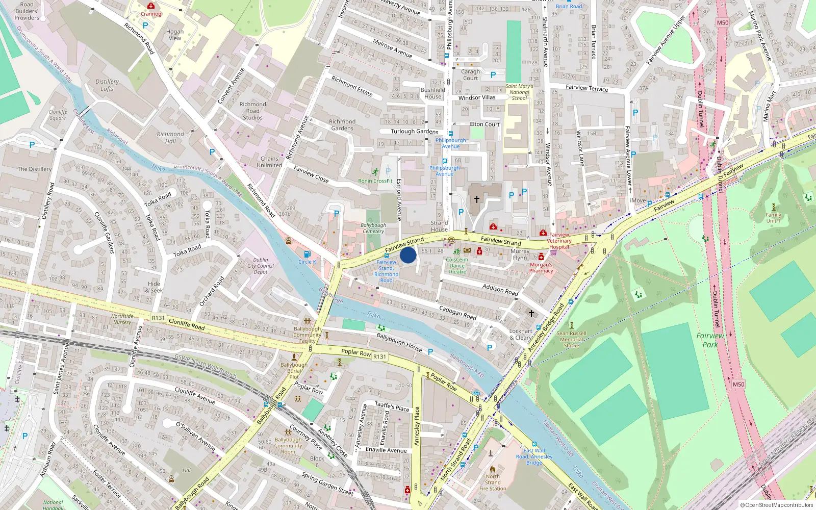 Overhead map showing the location of 62 Fairview Strand, Dublin 3