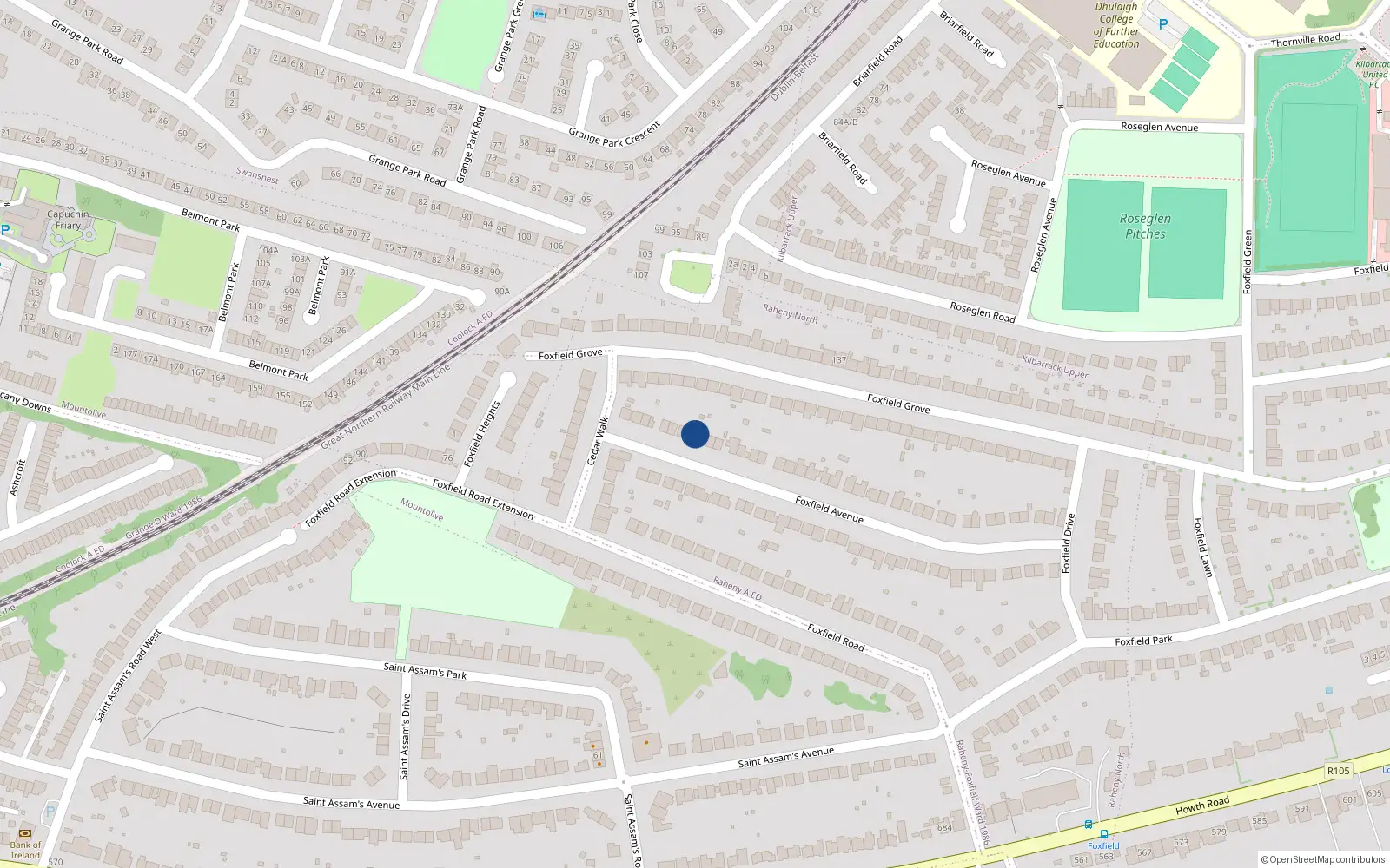 Overhead map showing the location of 62 Foxfield Avenue, Dublin 5