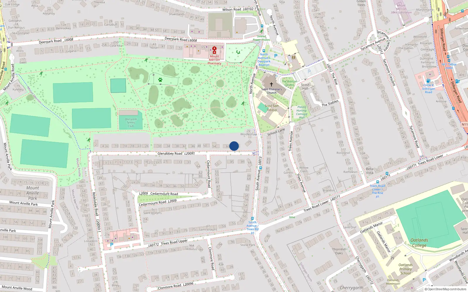 Overhead map showing the location of 62 Glenabbey Road, Mount Merrion, Blackrock