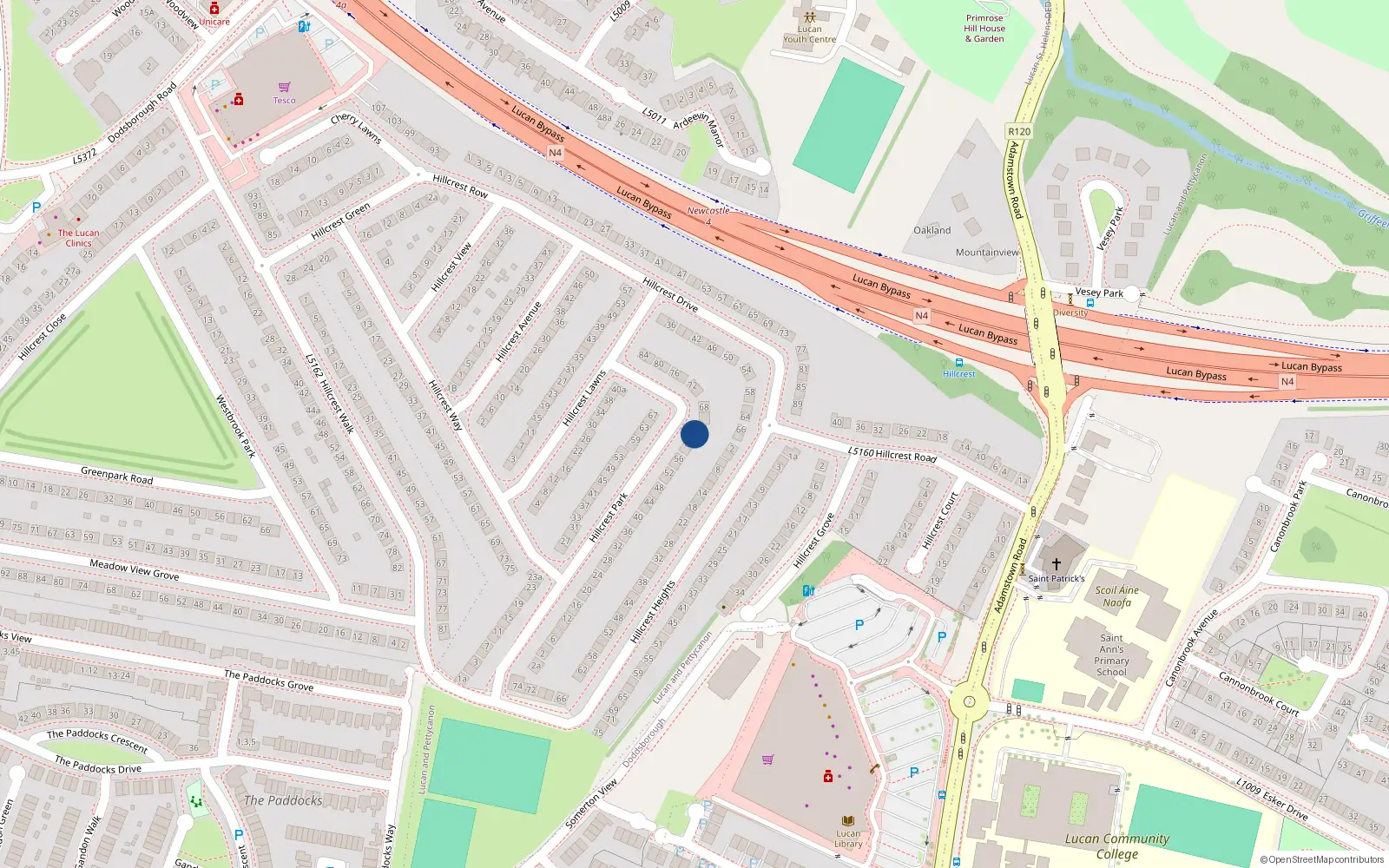 Overhead map showing the location of 62 Hillcrest Park, Lucan
