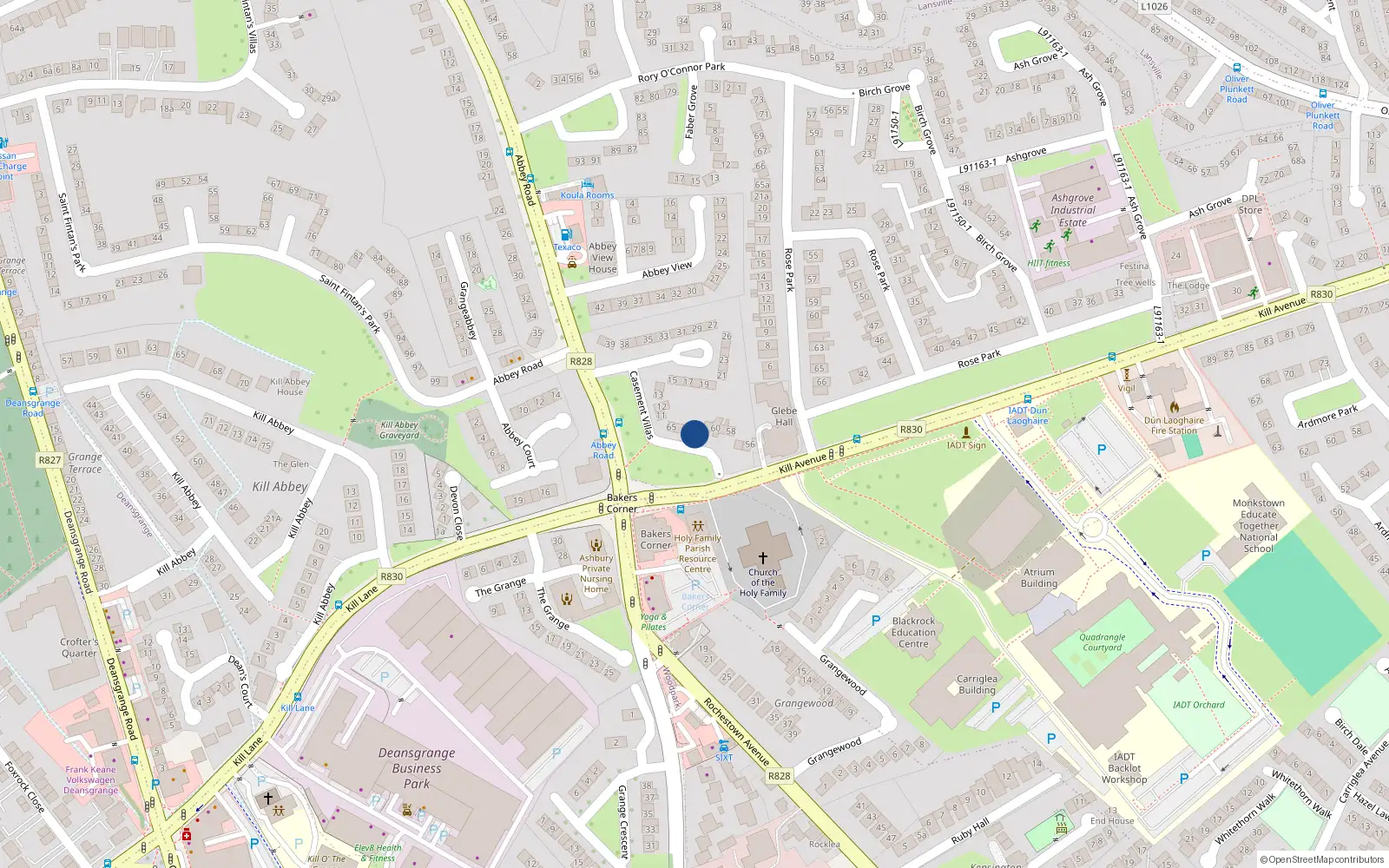 Overhead map showing the location of 62 Kill Avenue, Dun Laoghaire, Dublin