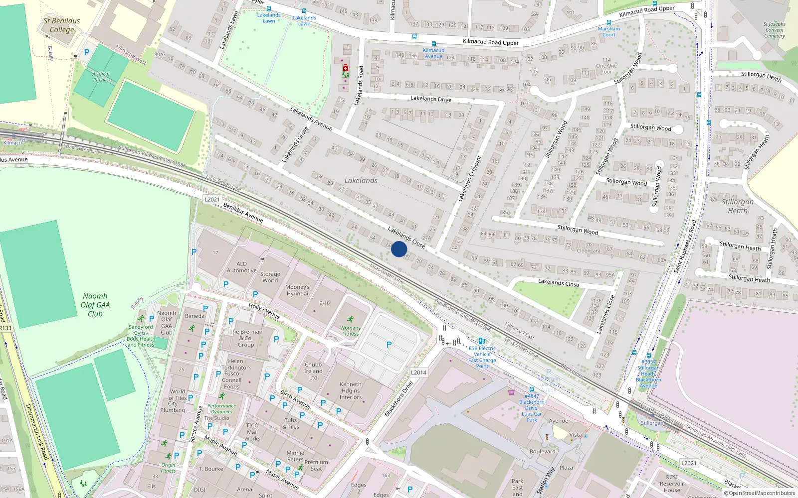 Overhead map showing the location of 62 Lakelands Close, Dublin