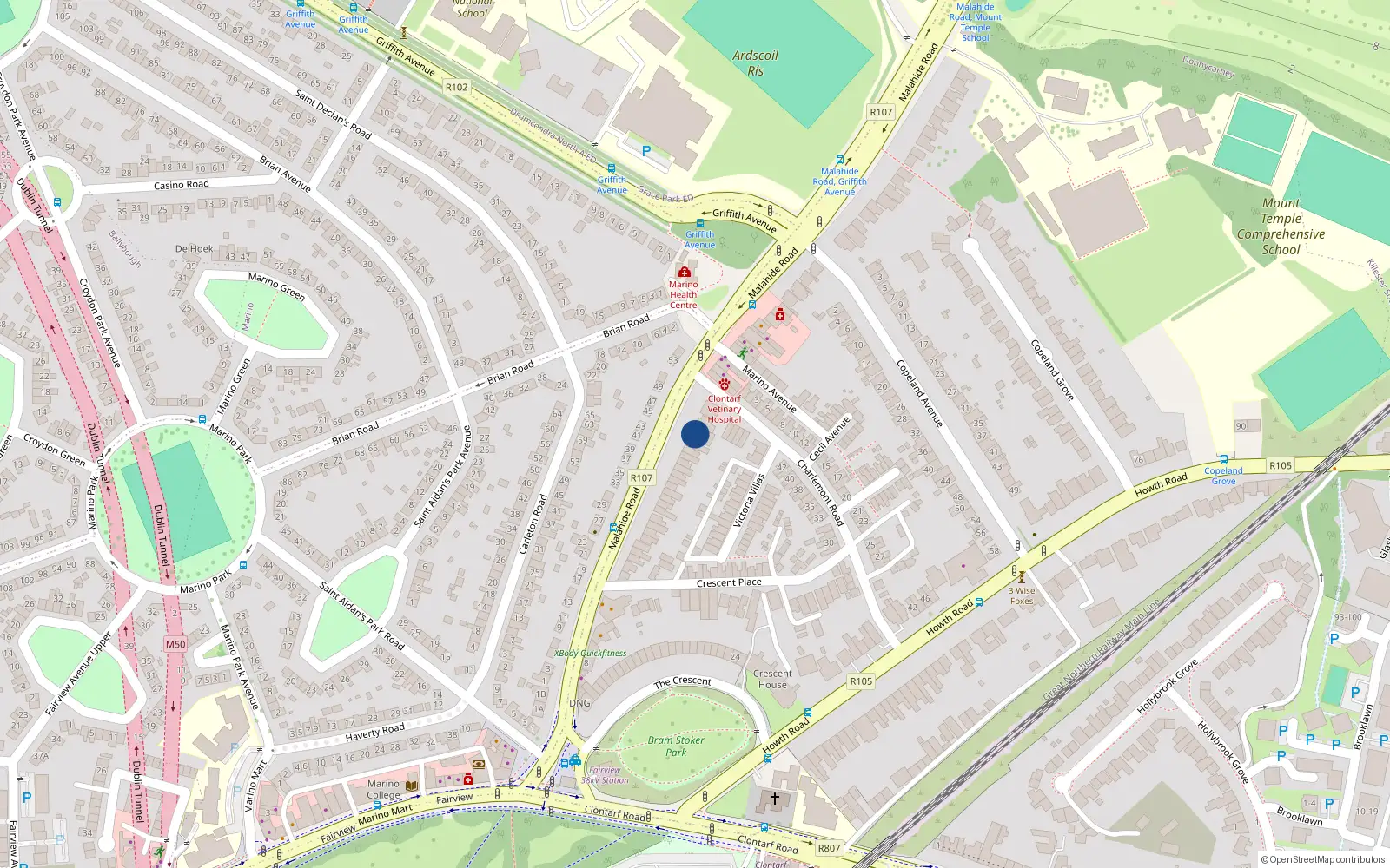 Overhead map showing the location of 62 Malahide Road, Dublin 3
