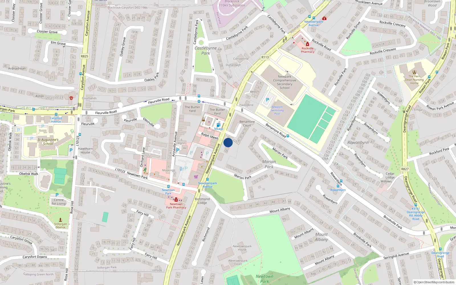 Overhead map showing the location of 62 Marian Park, Blackrock