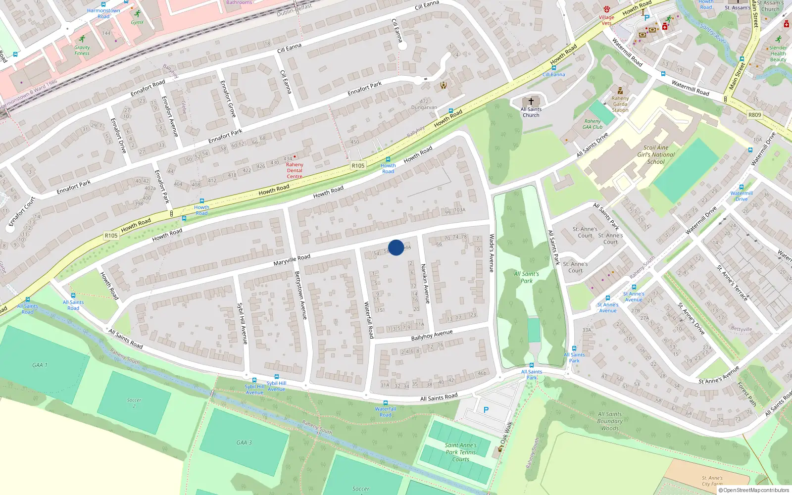 Overhead map showing the location of 62 Maryville Road, Dublin 5