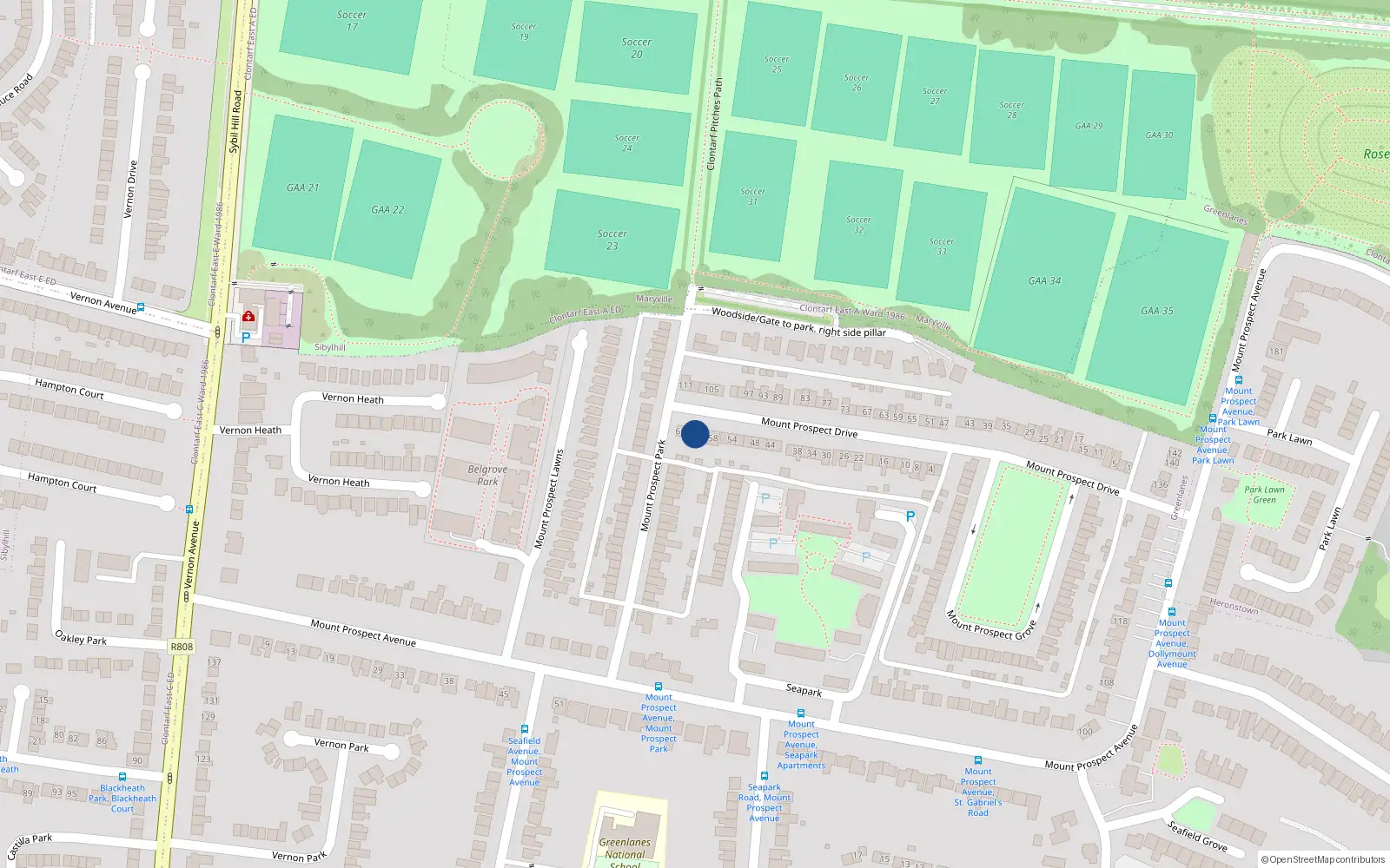 Overhead map showing the location of 62 Mount Prospect Drive, Dublin 3